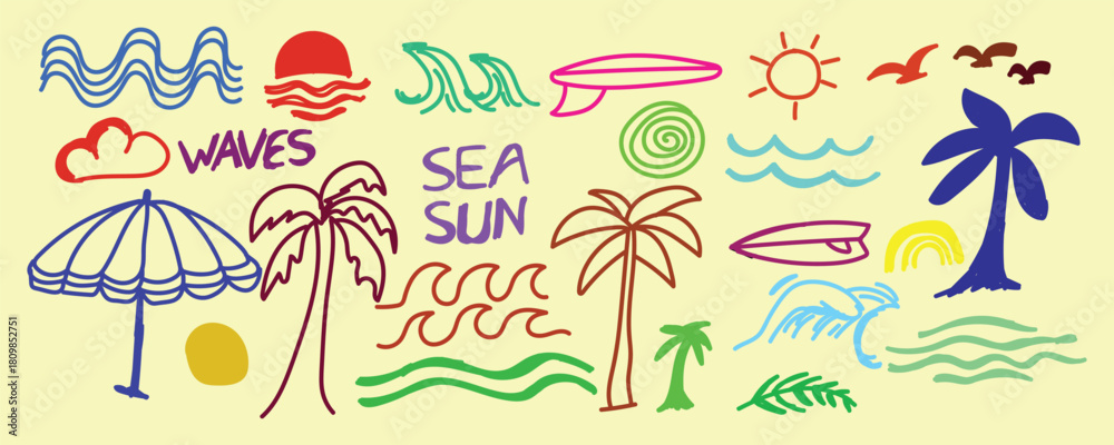 Naklejka premium Colorful Summer Doodle, Vibrant Beach Sketch Art, Fun Holiday Theme Draw