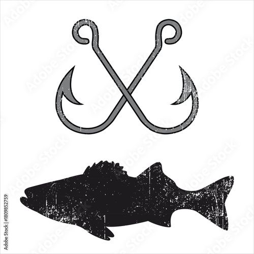 Vintage Fishing Emblem Crossed Fishing Hooks & Fish Rustic Angler T-Shirt Graphic