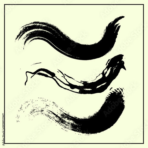 Black ink brush strokes set , Sumi-e style grunge elements , abstract wavy ink paint smears , Hand drawn calligraphy brush texture 