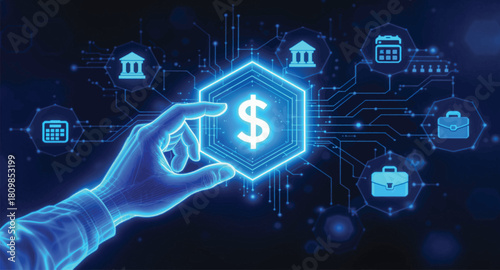 Hand selecting digital dollar in futuristic finance UI. Virtual dollar icon activated by human hand. High-tech finance interface with digital currency