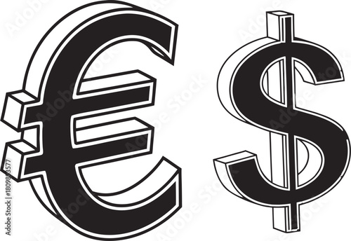 Black currency symbols (Euro & Dollar) isolated on black background, modern minimalist vector design, perfect for financial business applications.