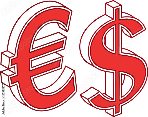 Red Euro and Dollar signs isolated on red background, sleek vector illustration for global finance, business, and economic visuals.