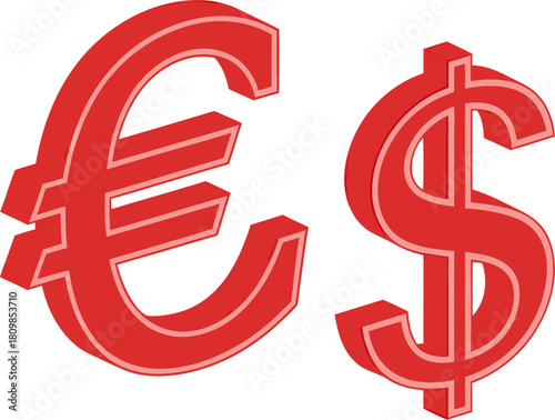 Isolated red Euro and Dollar currency symbols, clean vector design on red background, ideal for finance, business, and international trade concepts.