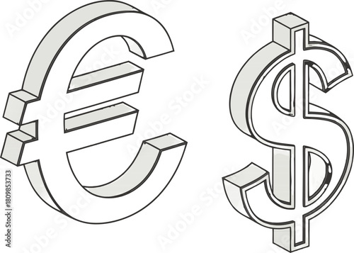 Isolated white Euro and Dollar currency symbols, high-resolution vector design on transparent background, suitable for finance, economics, and trade visuals.
