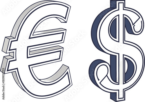 Vector illustration of white Euro and Dollar signs, isolated on transparent background, perfect for international finance and business designs.