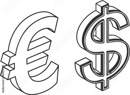 White Euro and Dollar currency symbols isolated on transparent background, ideal for business, finance, and global trade vector concepts.
