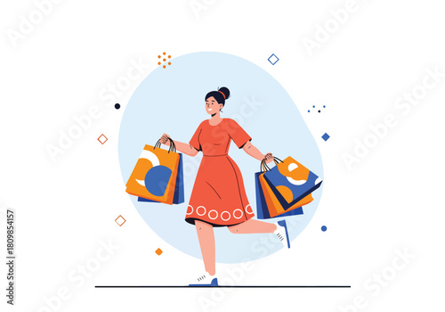 Happy woman joyfully shopping with colorful bags full of purchases - Flat Vector Illustration, icon. Editable stroke. Colored vector illustration