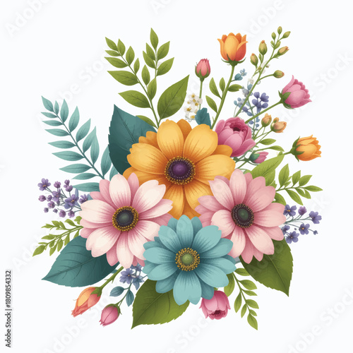 Bright colorful bouquet with blue, pink and yellow flowers. Vibrant floral arrangement with bold botanical accents. Cheerful mixed-flower bouquet for decorative design