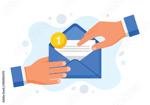 Hands sending and receiving a blue envelope with document - Flat Vector Illustration, icon. Editable stroke. Colored vector illustration