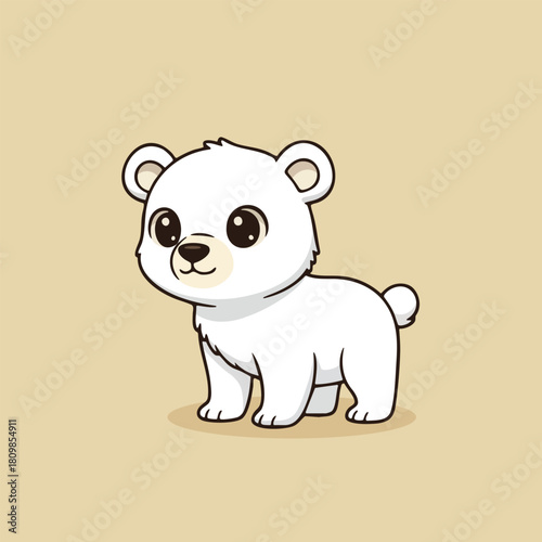 Cute cartoon polar bear cub standing with a sweet, friendly expression. Adorable Arctic wildlife illustration perfect for kids books, posters, stickers, nursery decor, and educational materials.