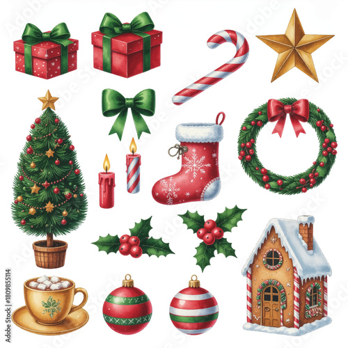 Premium Christmas icons for festive holiday design. Classic seasonal clipart for joyful winter projects. Bright Christmas collection for creative branding