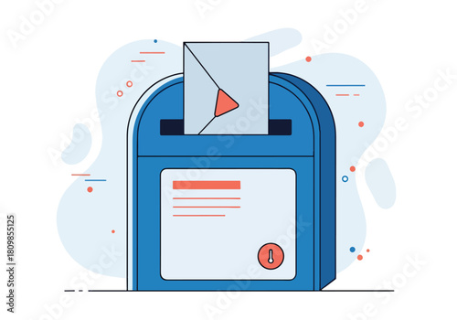Blue mailbox receiving a letter with red heart symbol - Flat Vector Illustration, icon. Editable stroke. Colored vector illustration