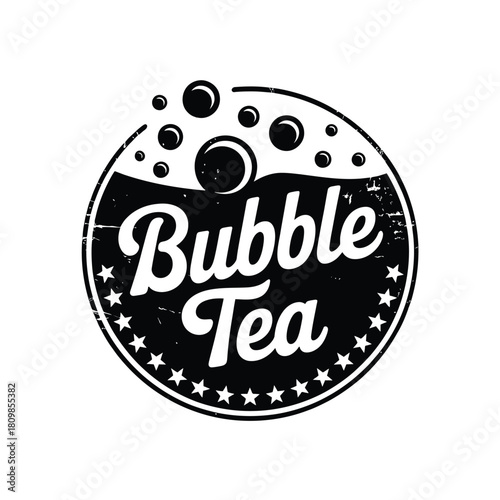 Retro bubble tea logo with bubbles and stars