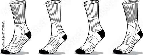 Athletic socks, vector, illustration, sketch, outline, performance, ergonomic, padded, breathable, compression, durable, structured, gear, design, technical, support, layout, comfort, fit, sport