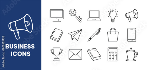 Collection of line art business icons: laptop, computer, key, lightbulb, megaphone, notebook, phone, pen, bag, trophy, envelope, book, calculator, coffee cup.