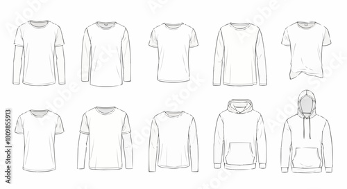 Hand drawn sketch collection of casual apparel templates.