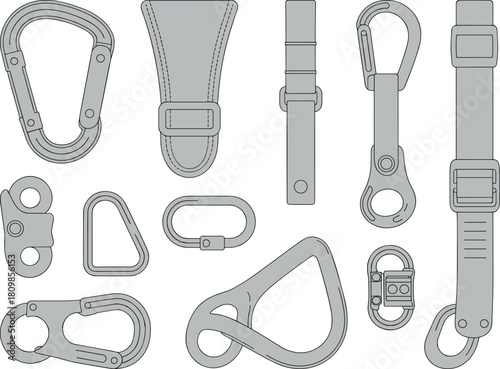 Climbing accessories, vector, illustration, sketch, outline, carabiner, buckle, clip, strap, loop, gear, ergonomic, durable, technical, structured, layout, silhouette, mountaineering, safety