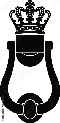 Ornate black silhouette of a royal crown topped door knocker symbol