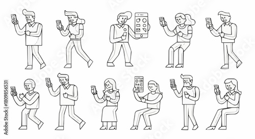 People using smartphones in various poses and activities, line art style.
