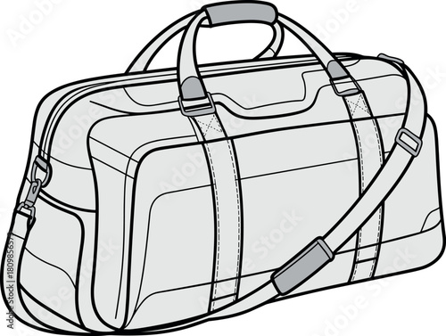 Duffel bag, vector, illustration, sketch, outline, zipper, strap, handle, ergonomic, padded, durable, gear, design, technical, structured, layout, silhouette, travel, storage, compartment, style