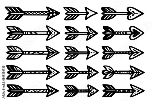 High-contrast illustration featuring ten uniquely styled arrows with decorative details, white background