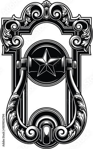 Ornate vintage door knocker with star motif and decorative scrollwork