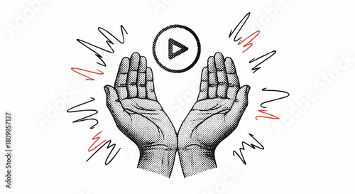 Hands Reaching for a Play Button with Energy Lines.