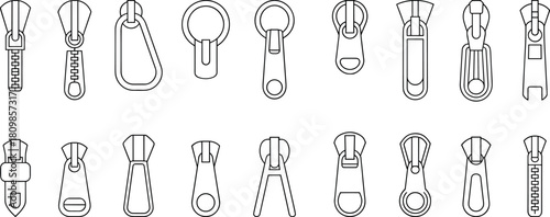 Zipper pulls, vector, illustration, sketch, outline, hardware, accessory, fashion, gear, design, technical, structured, layout, silhouette, durable, ergonomic, strap, fastening, garment