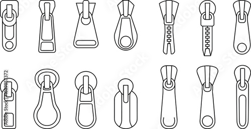 Zipper pulls, vector, illustration, sketch, outline, hardware, accessory, fashion, gear, design, technical, structured, layout, silhouette, durable, ergonomic, strap, fastening, garment
