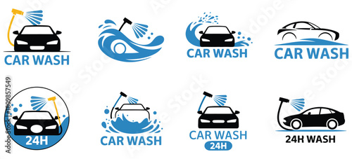 Car wash service minimalist emblem, brand logo design template set, vector illustration, automotive cleaning concept, modern digital design for business branding, apps, websites, promotional materials