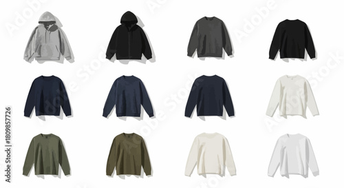 Collection of various colored hoodies and sweaters neatly arranged.