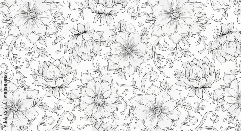 Fototapeta premium Floral Pattern - Detailed Line Art of Blooming Flowers.