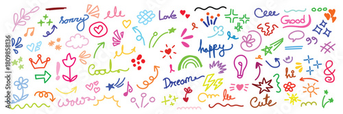 Colorful doodle collection with hand drawn elements on a white background art