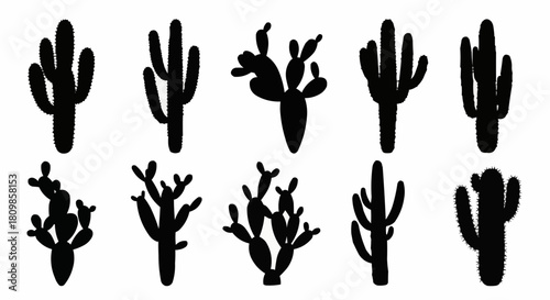 Set of ten black cactus silhouettes isolated on a white background.