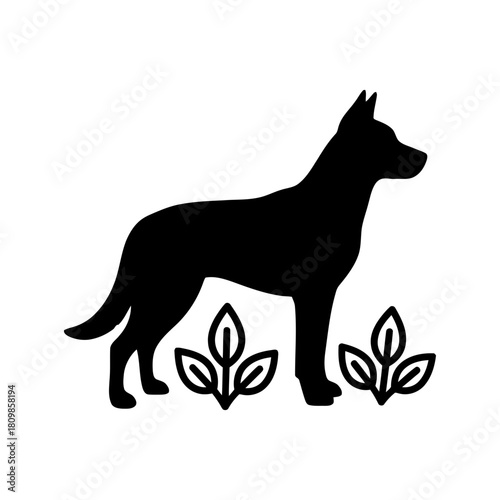 International dog day black silhouette icon of a german shepherd dog standing in grass, isolated on