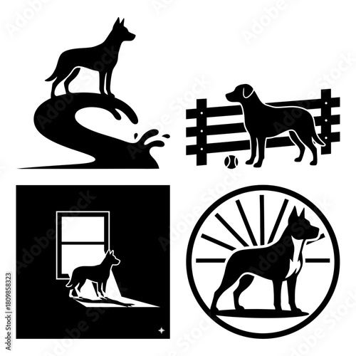 International dog day compilation of four distinct black dog silhouette graphics depicting various actions and settings isolated on