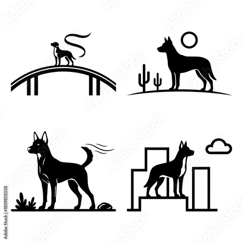 International dog day set of four black silhouette dog icons representing different scenes and environments