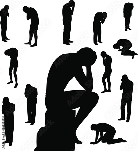 Silhouette, introspection, emotional, mental health, stress, depression, thinker, posture, contemplation, solitude, anxiety, despair, reflection, psychology, expressive, crouching, kneeling, seated