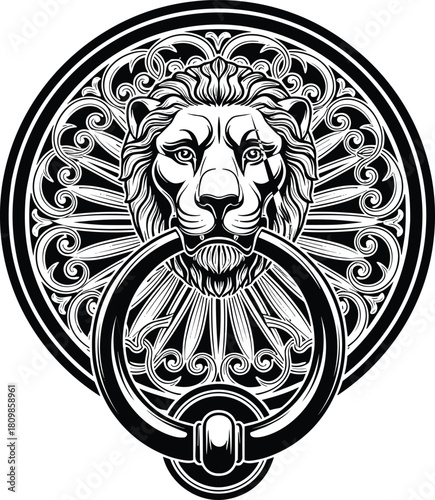 Ornate lion head door knocker with circular decorative surround