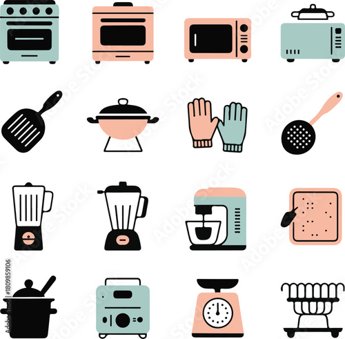 Colorful kitchen appliances and cooking utensils flat design collection