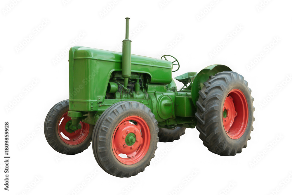 Obraz premium Vintage green tractor with red wheels, isolated on transparent background