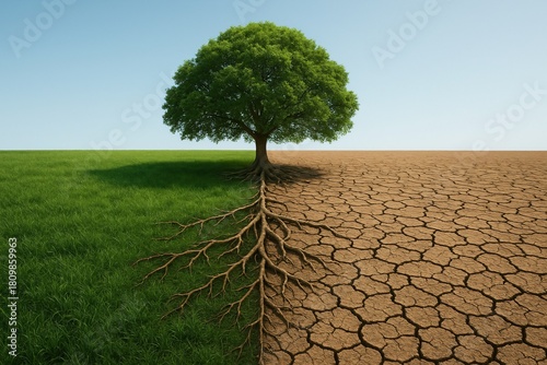 Healthy tree with roots green and cracked earth