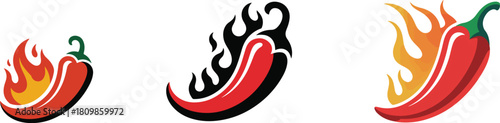 Three stylized red chili peppers with vibrant flames and heat effects