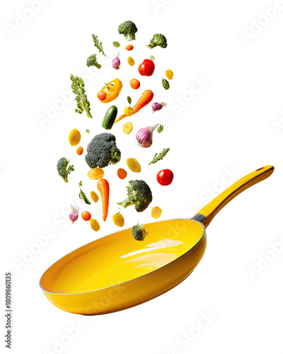 Vibrant yellow pan with assorted vegetables flying into it