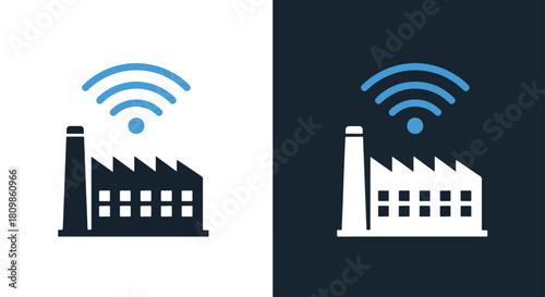 Factory with wireless signal icons - Vector icon symbol for website - Icon vector - Blue icon vector - Line and glyph solid icon and logo template