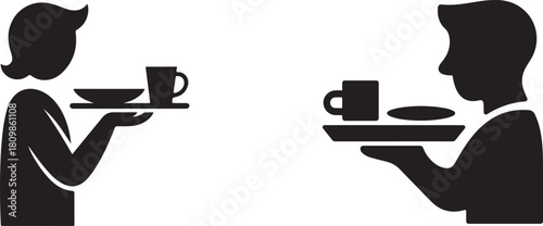 Two people serving food and drinks on trays