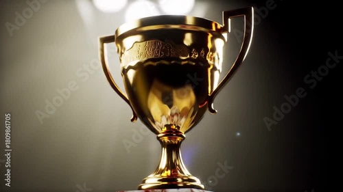 Golden trophy, illuminated stage, in spotlight, concept for achievement, success, and reward
