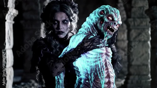 Gothic woman embraces monster in ancient stone dungeon, for horror movie or Halloween promo
