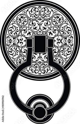 Ornate circular door knocker with ring and decorative pattern