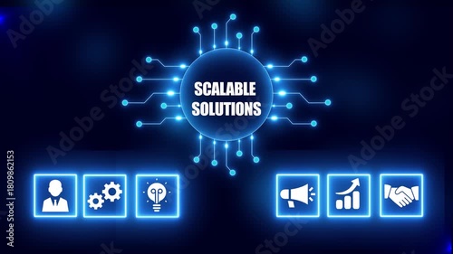 Digital concept of scalable solutions with icons representing business growth and problem-solving on a dark blue background